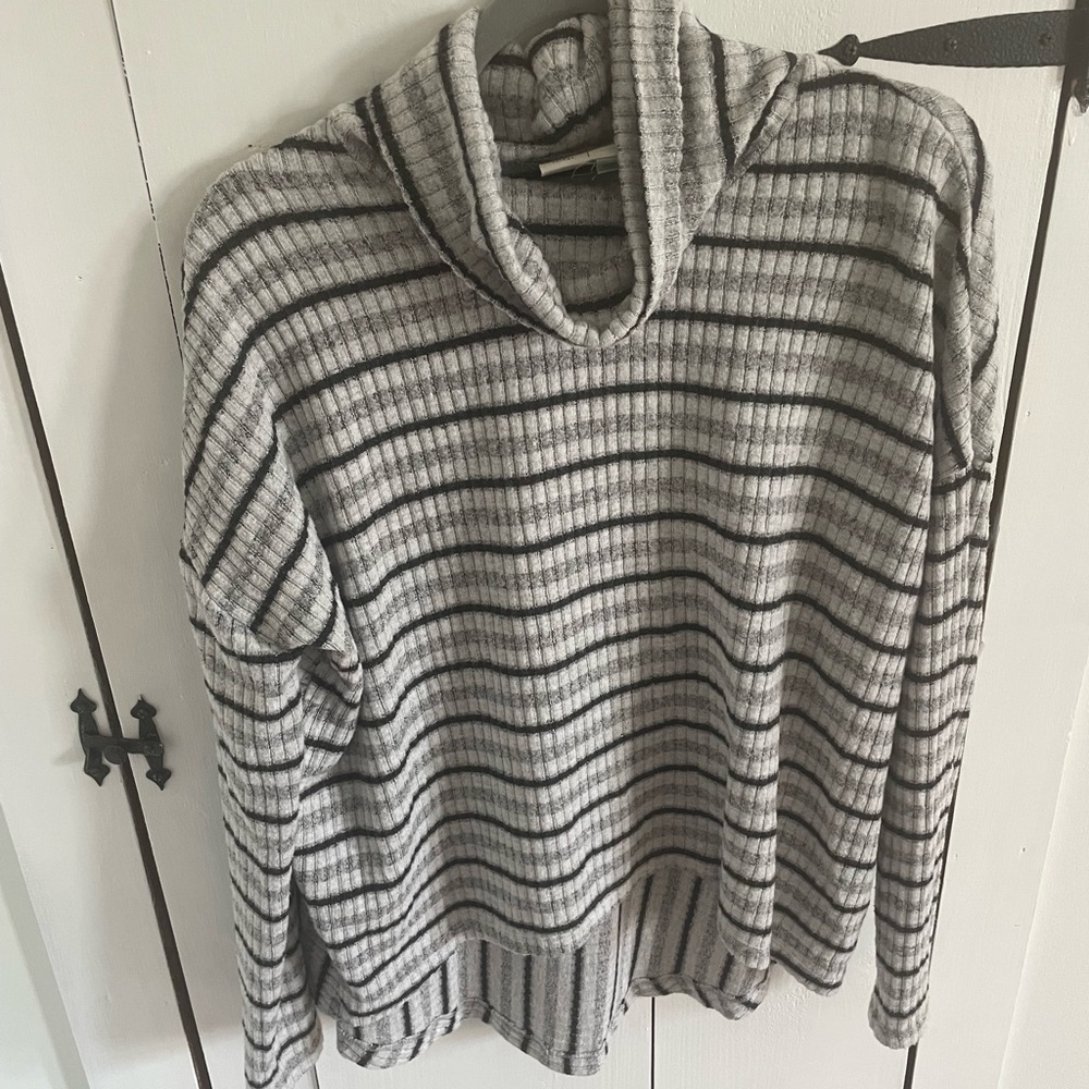 Anthropology Gray and Black Striped Cowl Neck Sweater